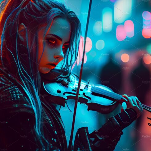 Young woman violinist play music on the street in the evening time. cover image.