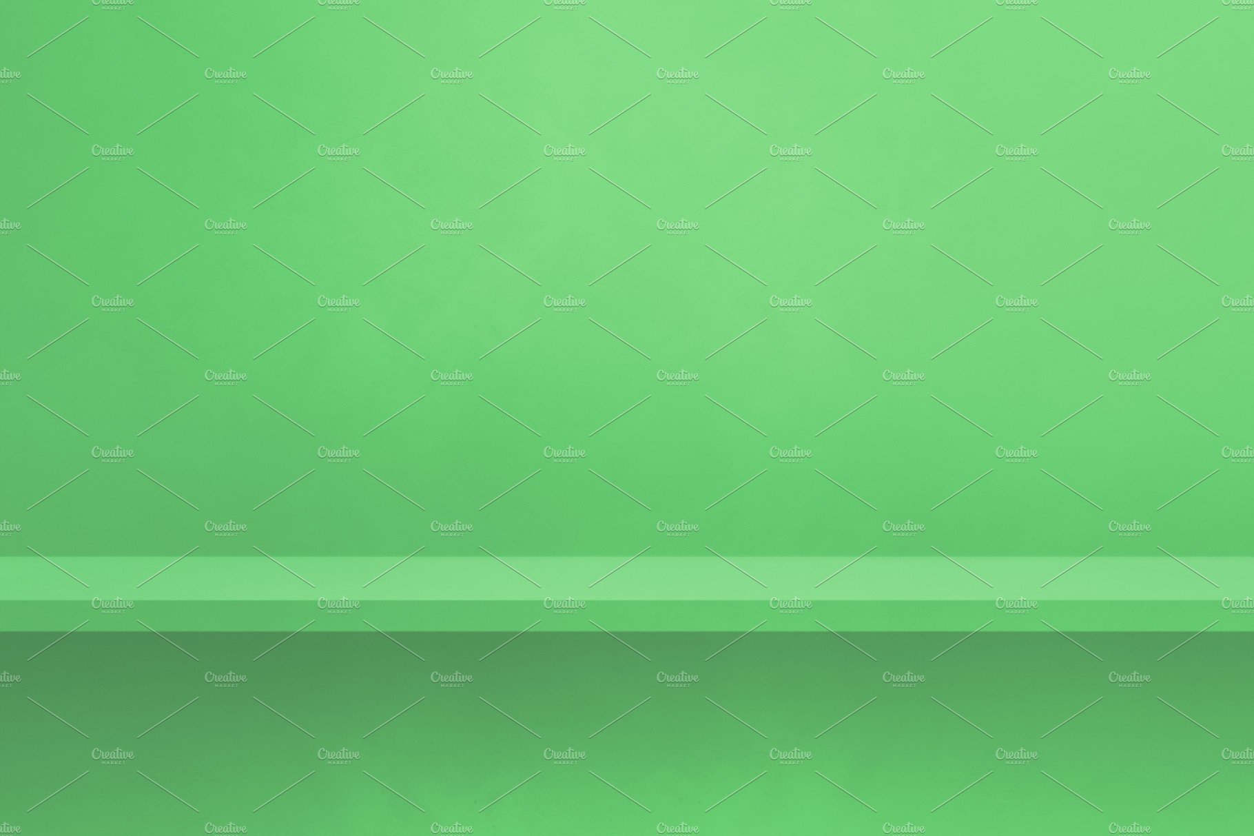 Empty shelf on a green wall. Background template. Horizontal bac cover image.