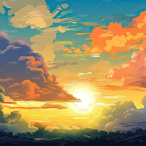 Illustrated sky with clouds, sun, stars, and sunrise or sunset. cover image.