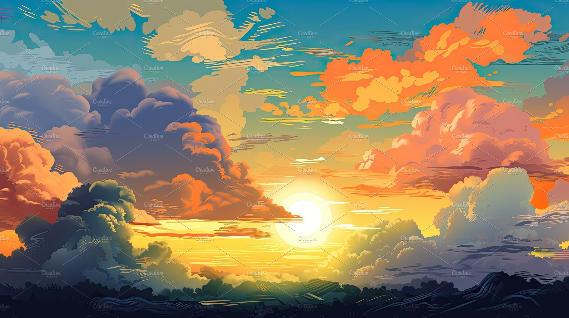 Illustrated sky with clouds, sun, stars, and sunrise or sunset. cover image.