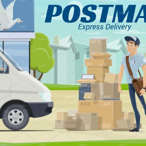 Postman and parcel at post office cover image.