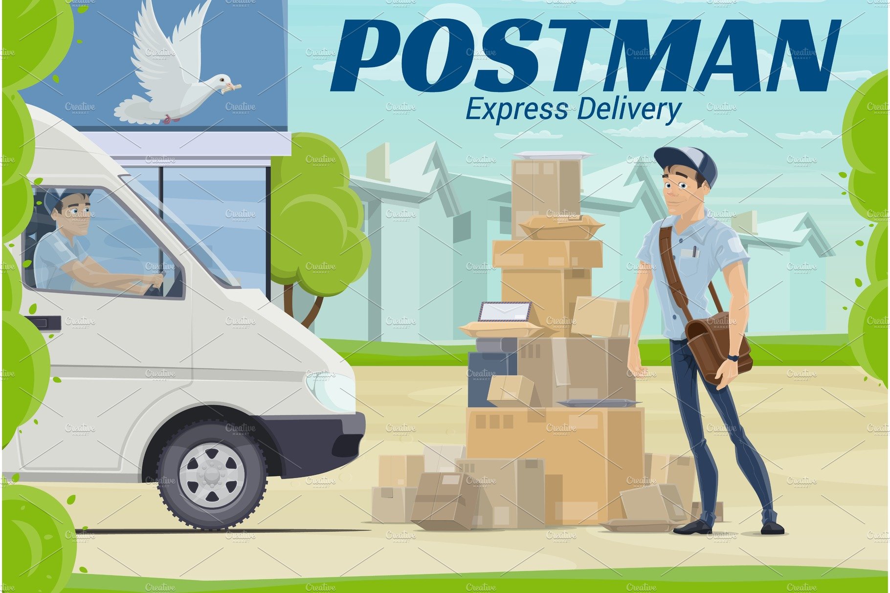 Postman and parcel at post office cover image.