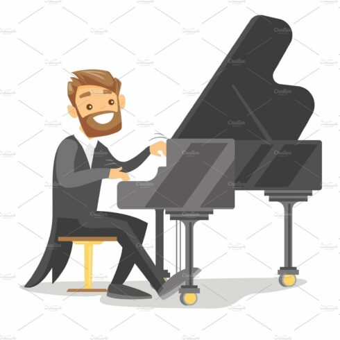 Young caucasian white man playing piano. cover image.