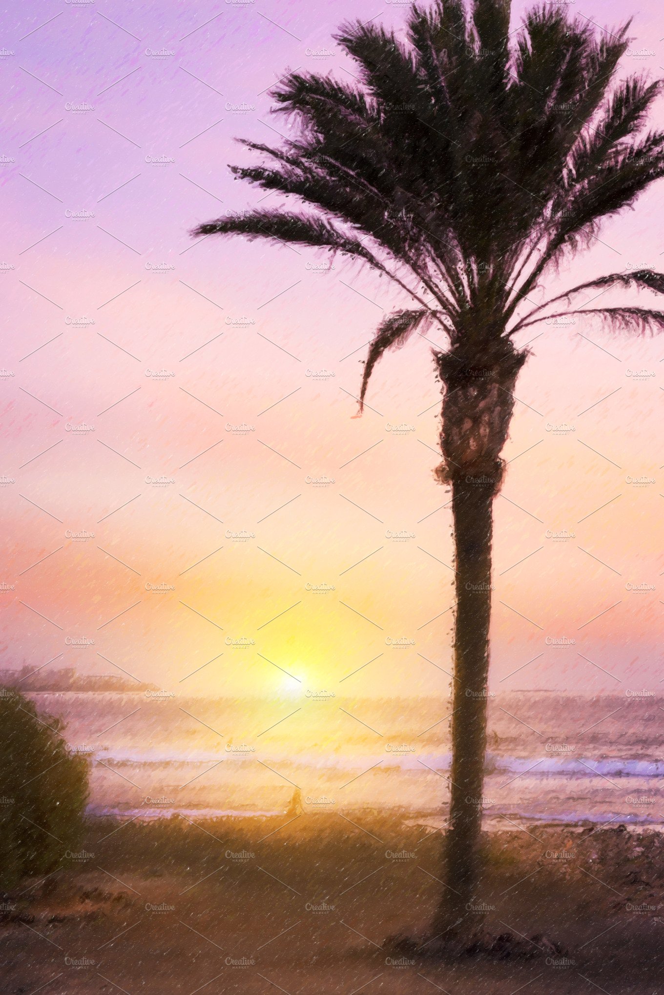 Palm tree, bright sunset cover image.