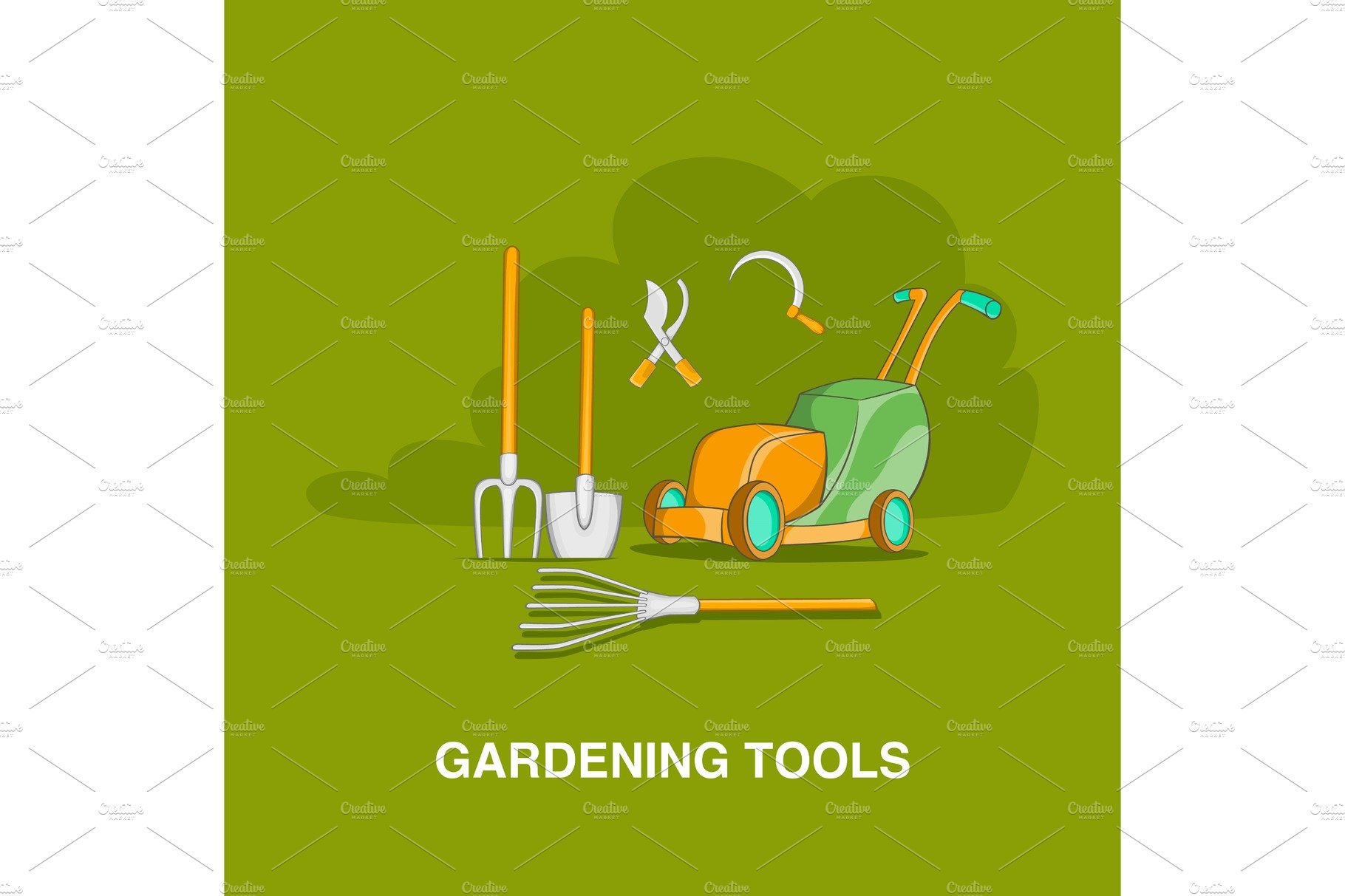 Gardening tools concept, cartoon cover image.