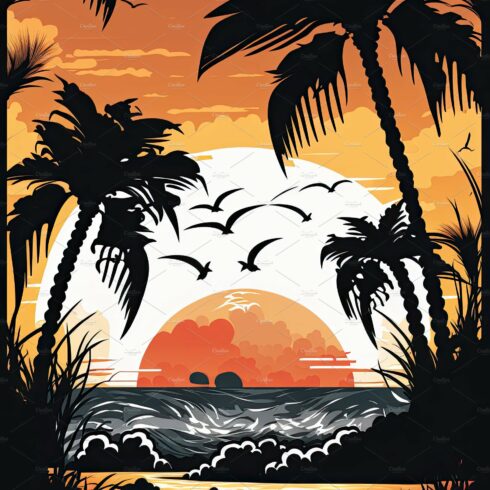 Silhouette palm tree on beach under sunset sky background. Orang cover image.