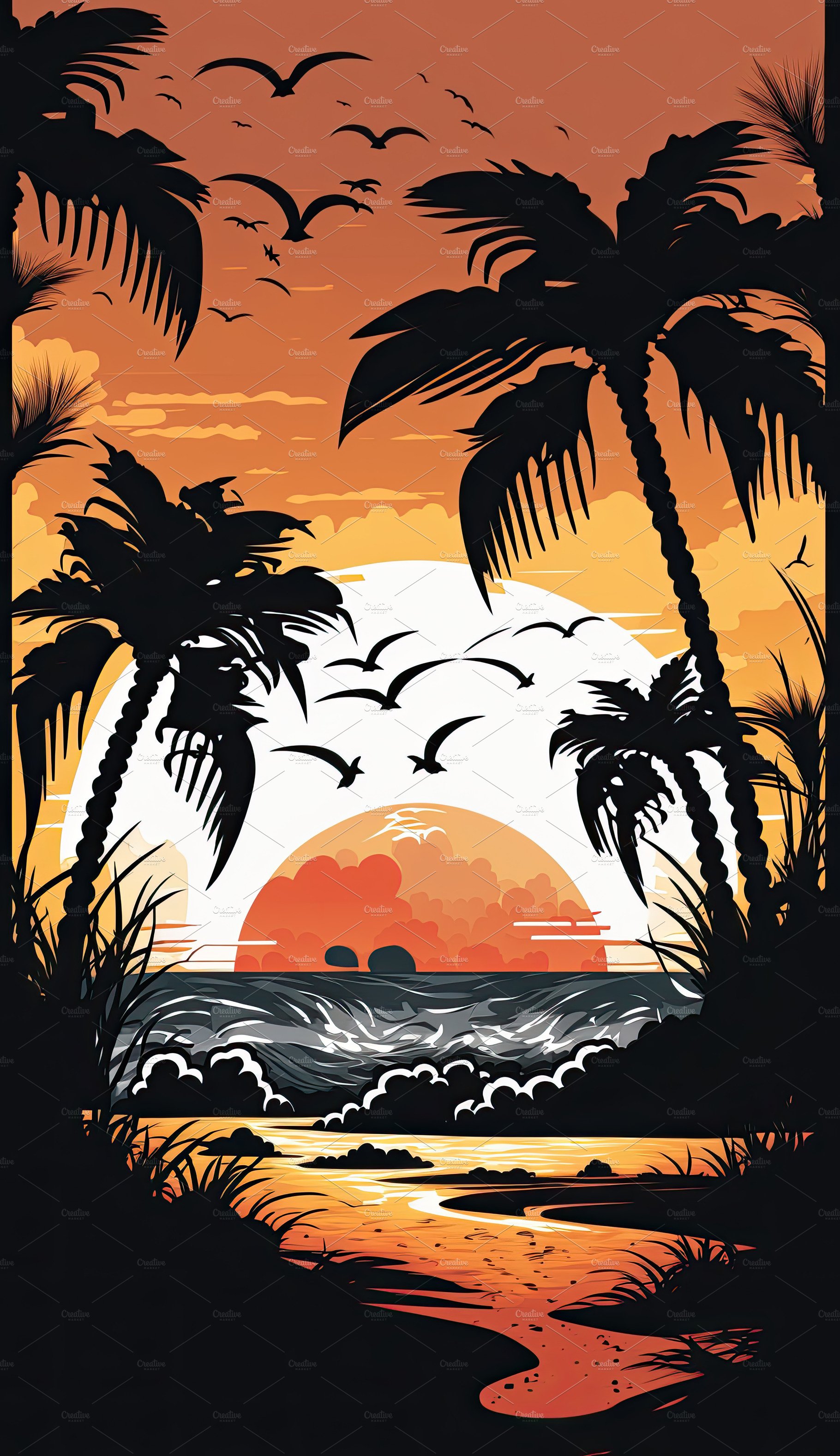 Silhouette palm tree on beach under sunset sky background. Orang cover image.