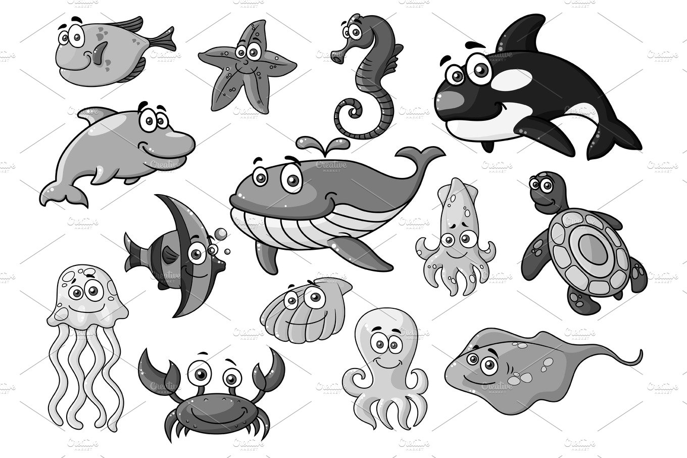 Sea ocean cartoon animals, fishes vector icons set cover image.