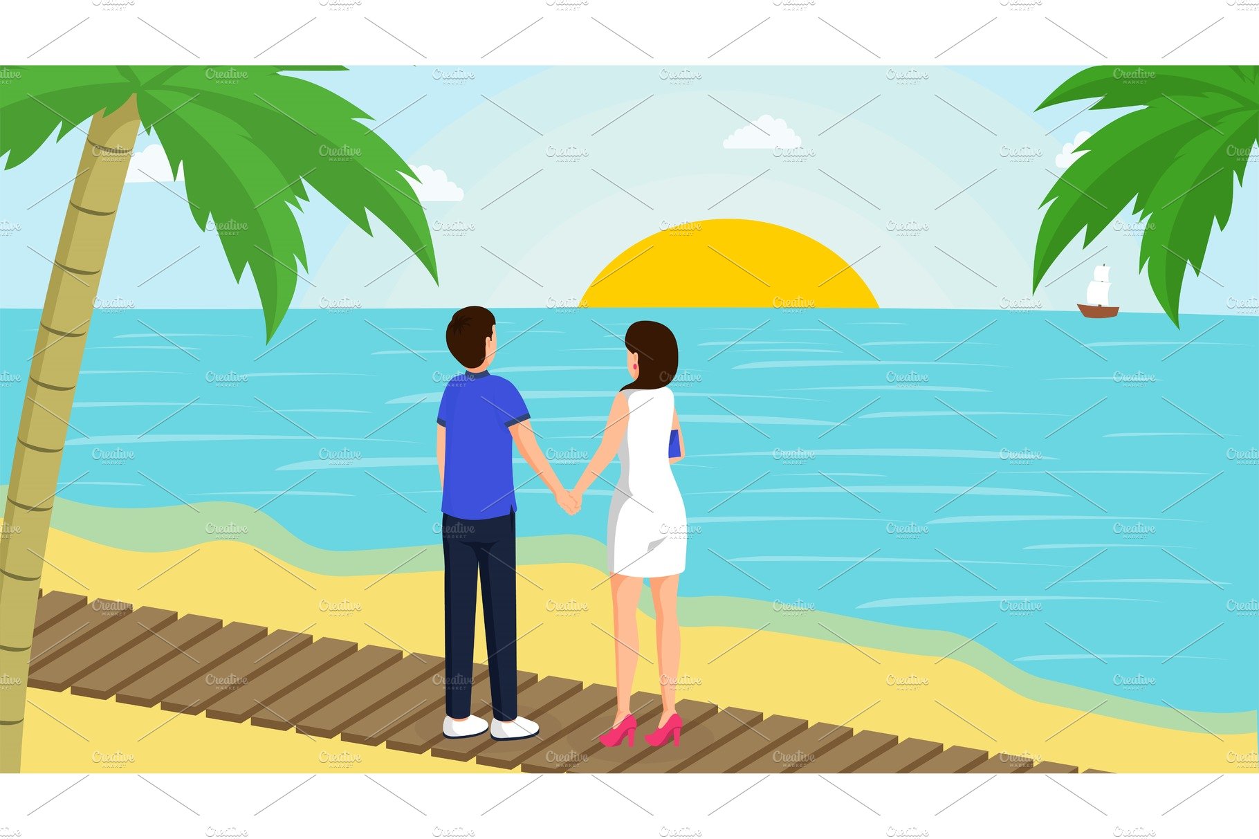 Couple and sunset vector cover image.