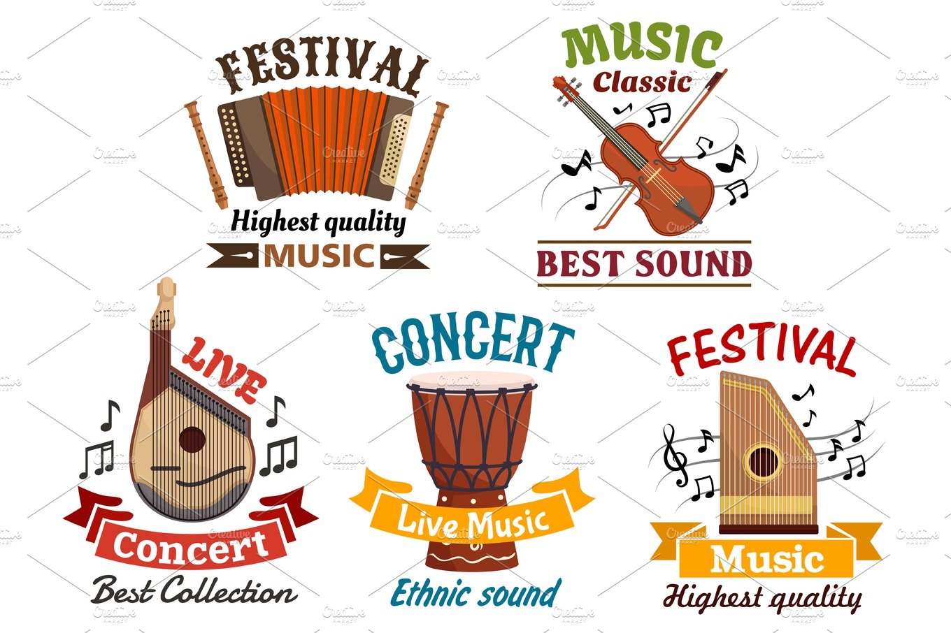 Musical instrumetns icons for festival, concert cover image.