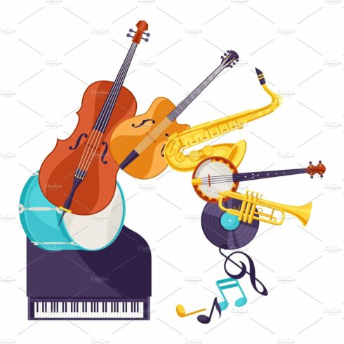 Background with musical instruments. Jazz music festival poster cover image.