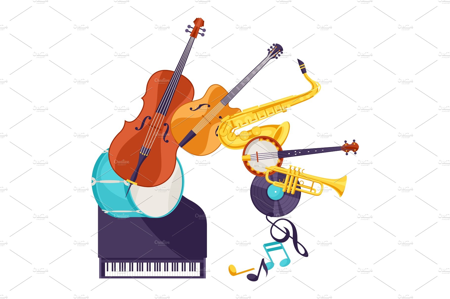 Background with musical instruments. Jazz music festival poster cover image.