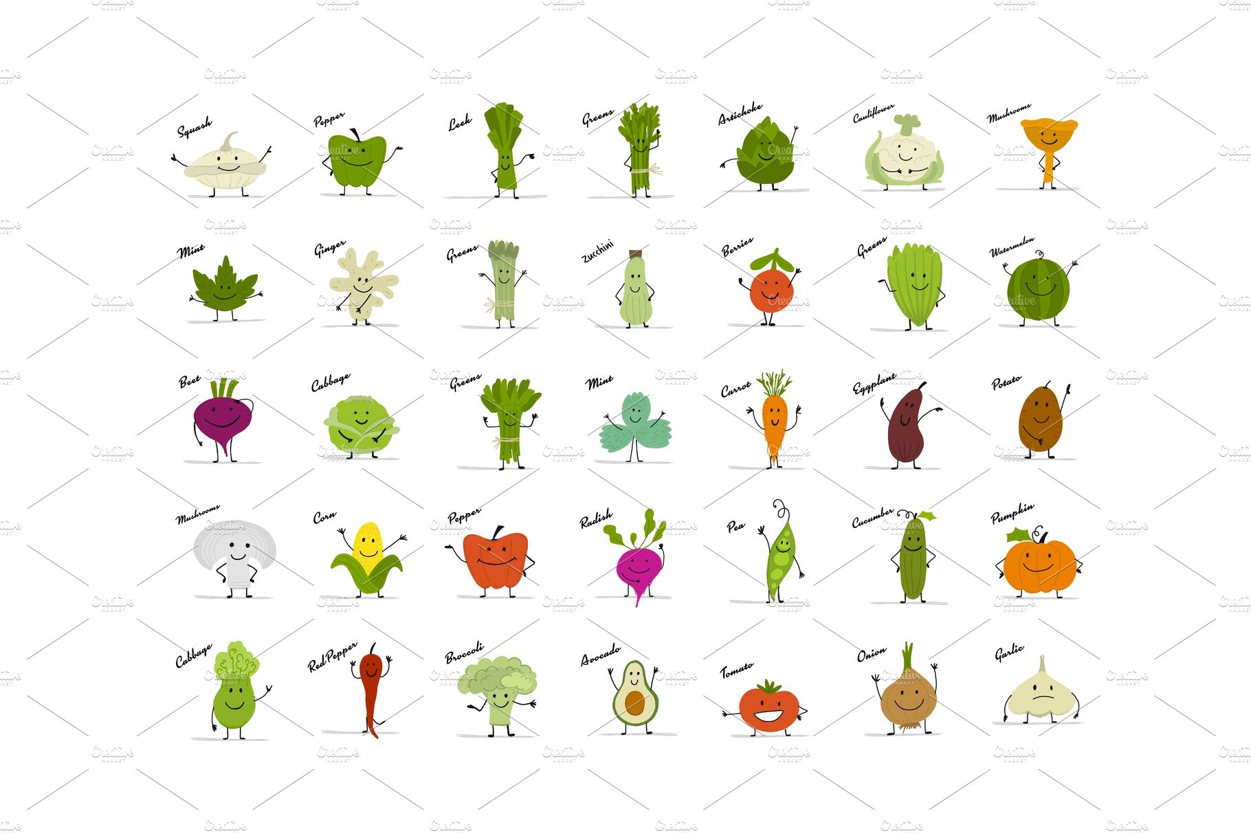 Funny smiling vegetables and greens cover image.
