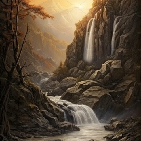 Beautiful vertical landscape with tall mountains, waterfall and a river. Ge... cover image.