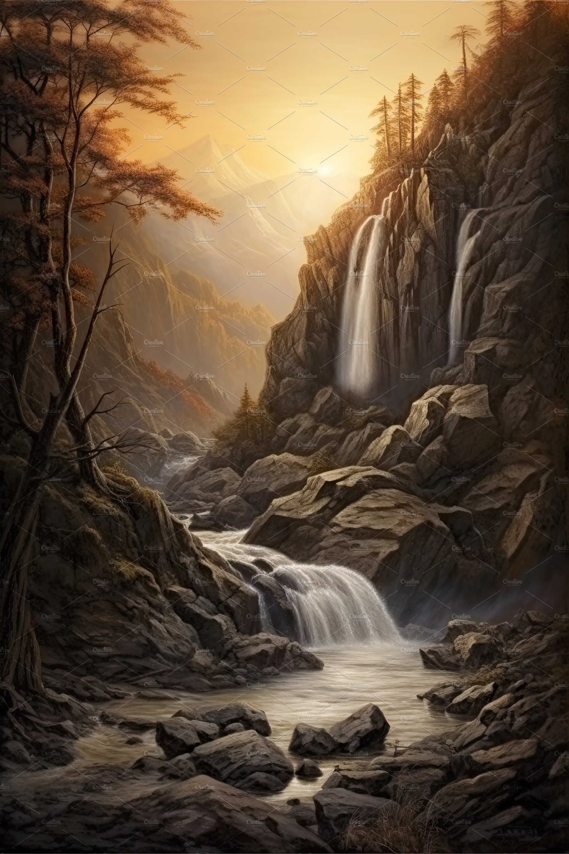 Beautiful vertical landscape with tall mountains, waterfall and a river. Ge... cover image.