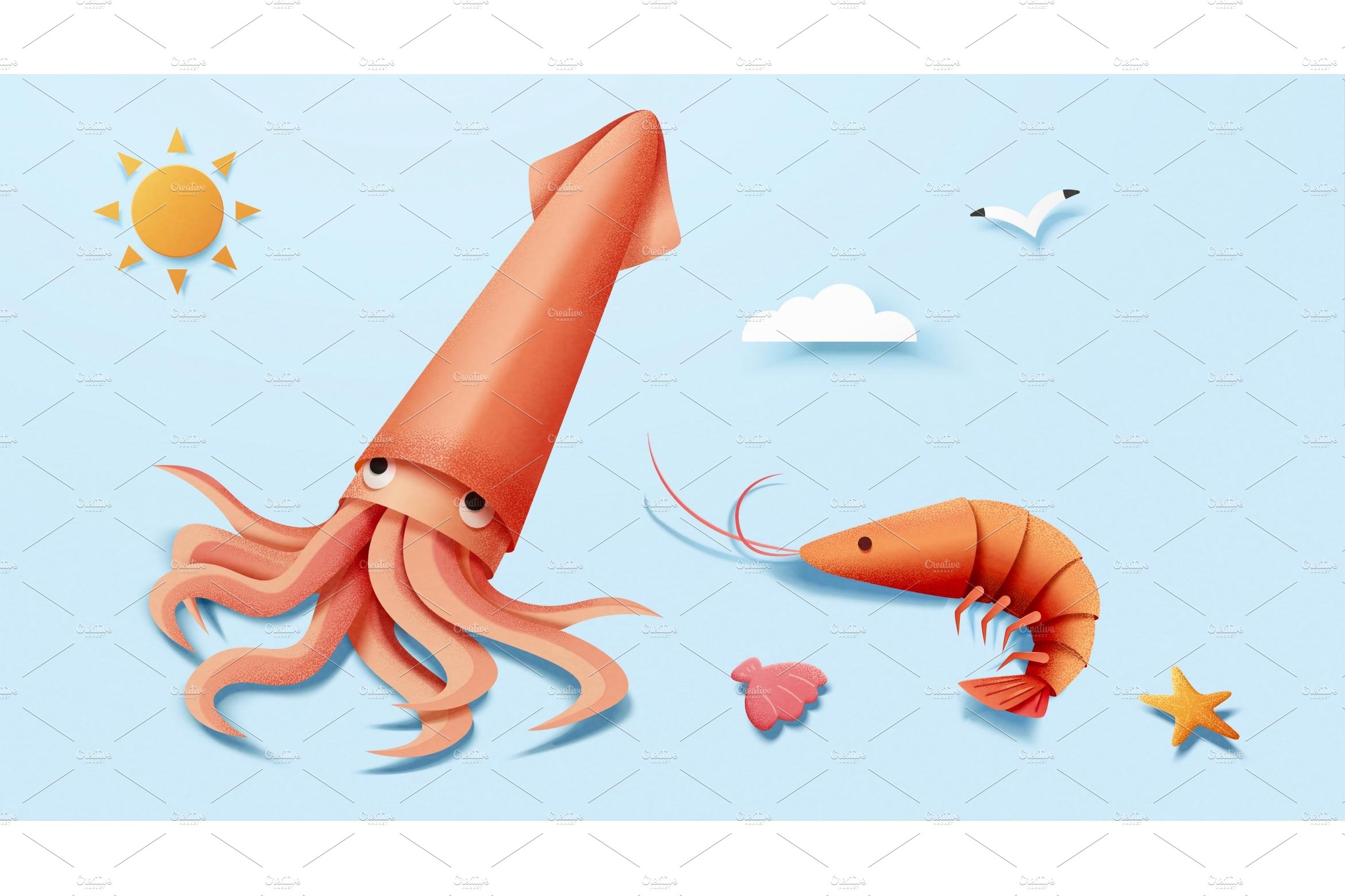 Squid and shrimp at beach elements cover image.