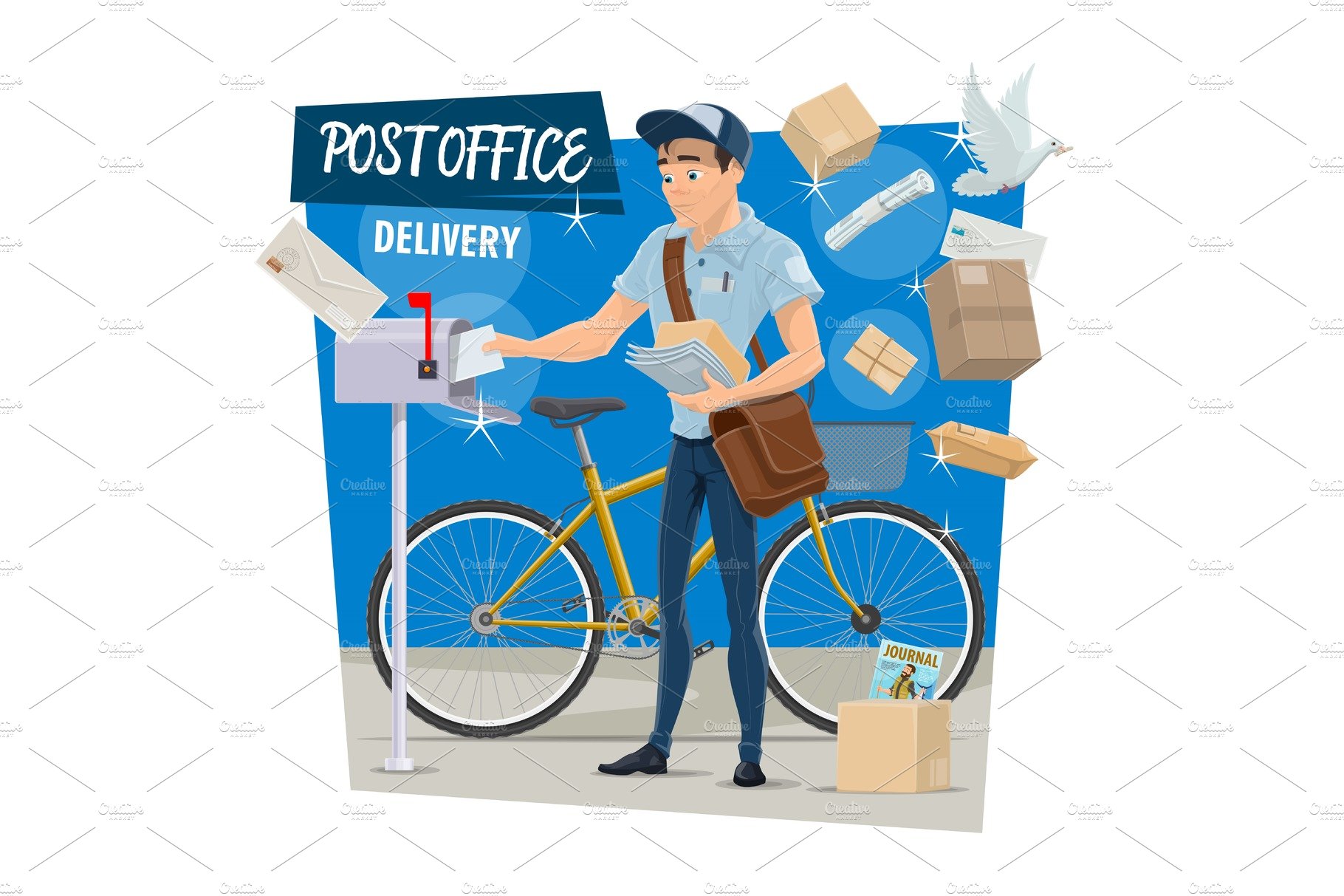 Vector postman on post mail delivery cover image.