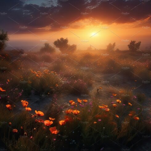 Amazing sunset over a beautiful landscape covered of flowers. Generative AI cover image.