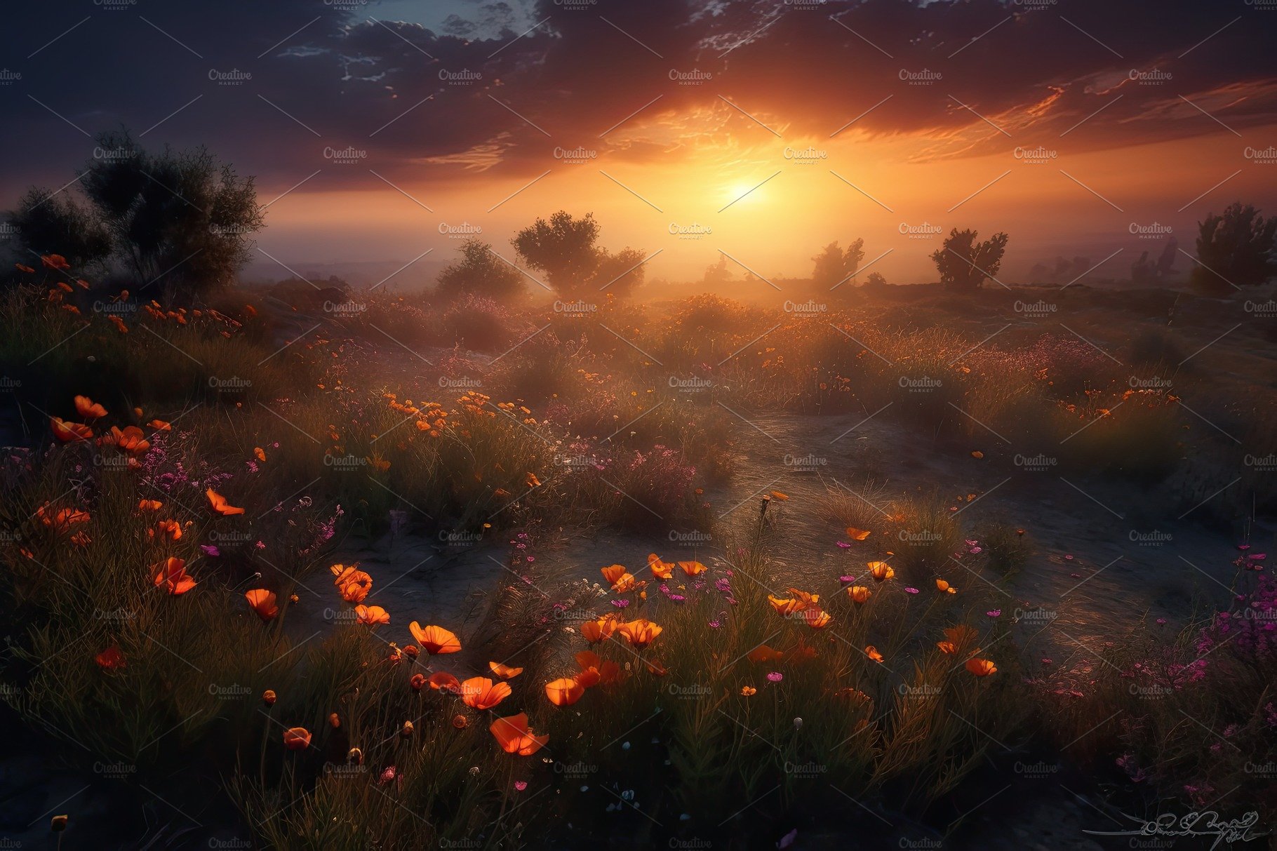 Amazing sunset over a beautiful landscape covered of flowers. Generative AI cover image.