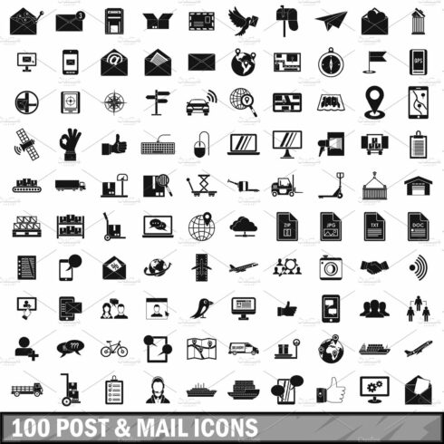 100 post and mail icons set in cover image.
