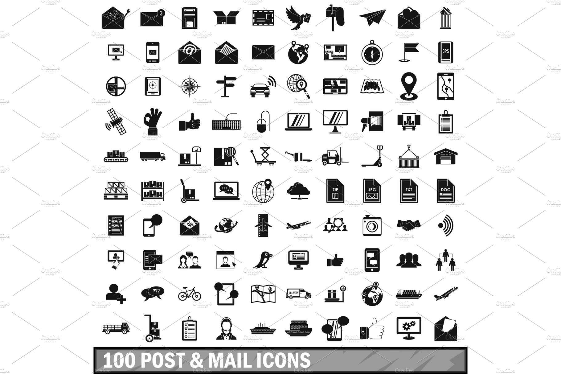 100 post and mail icons set in cover image.