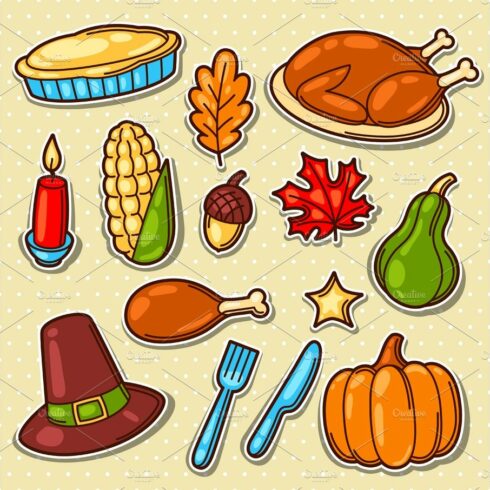 Set of Happy Thanksgiving Day holiday objects and icons cover image.