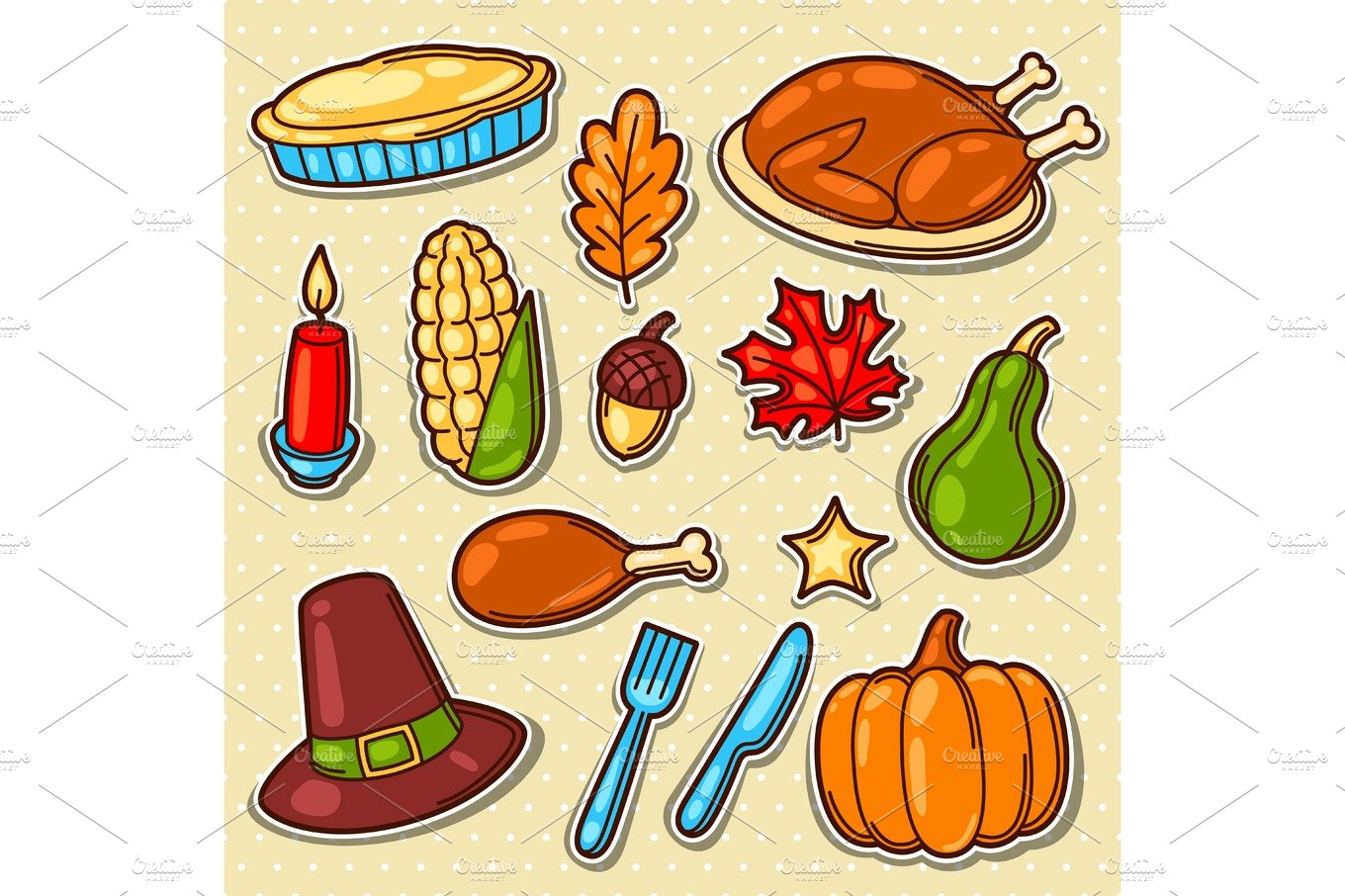 Set of Happy Thanksgiving Day holiday objects and icons cover image.