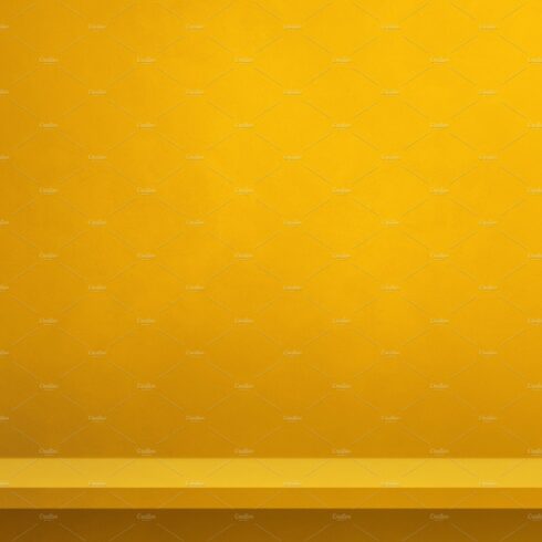Empty shelf on a yellow wall. Background template. Vertical back cover image.