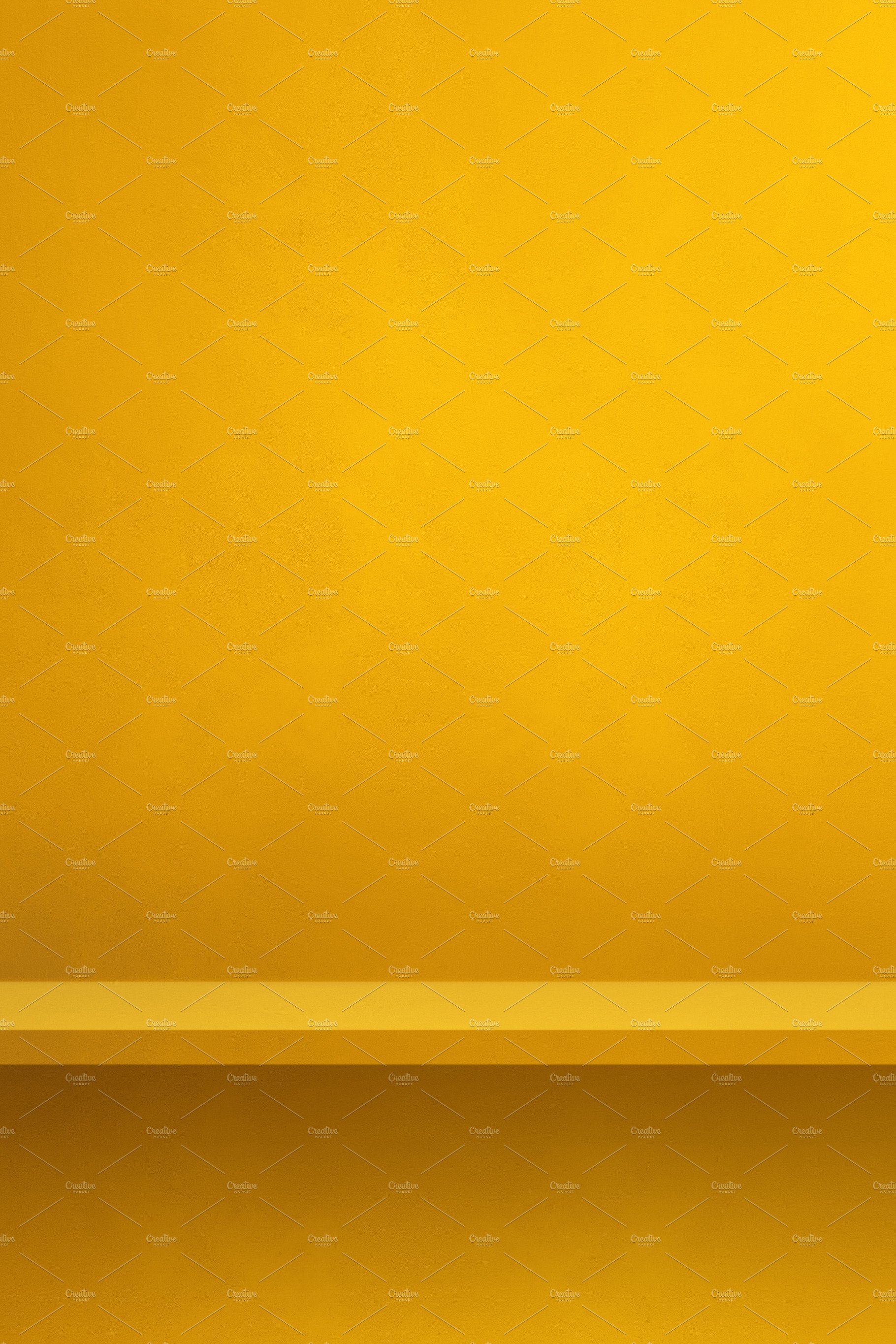 Empty shelf on a yellow wall. Background template. Vertical back cover image.