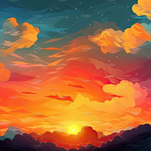 Illustrated sky with clouds, sun, stars, and sunrise or sunset. cover image.