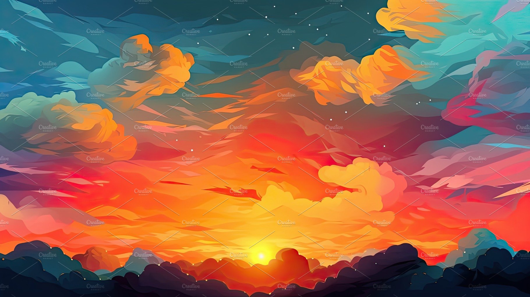 Illustrated sky with clouds, sun, stars, and sunrise or sunset. cover image.