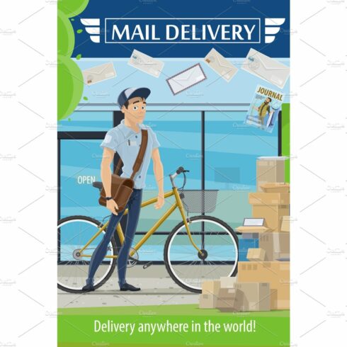 Postman, parcel and letters. Mail cover image.