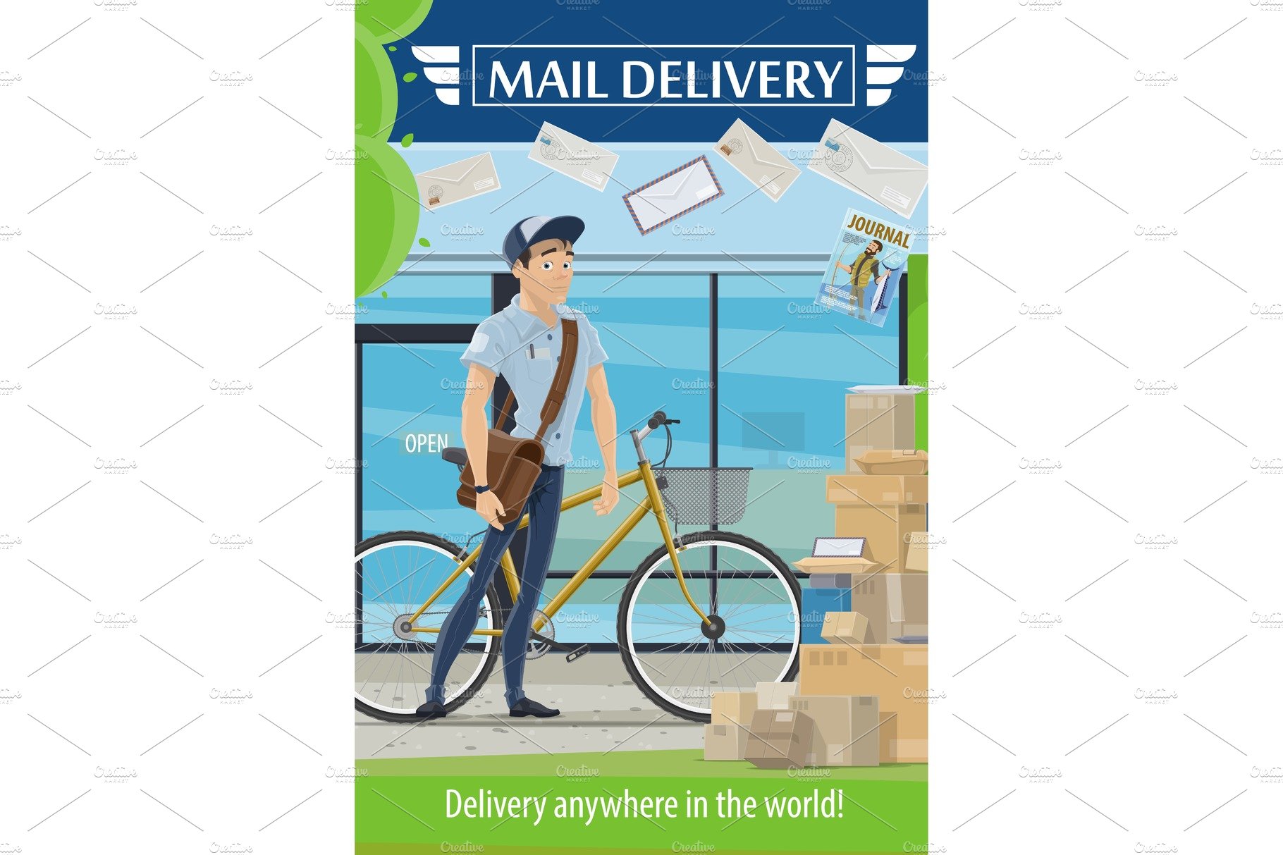 Postman, parcel and letters. Mail cover image.