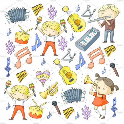 Vector school of music Musical theatre Kindergarten children with music ins... cover image.