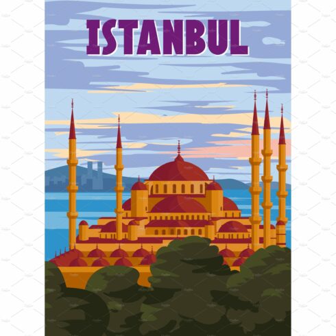 Istanbul retro poster, sunset city cover image.