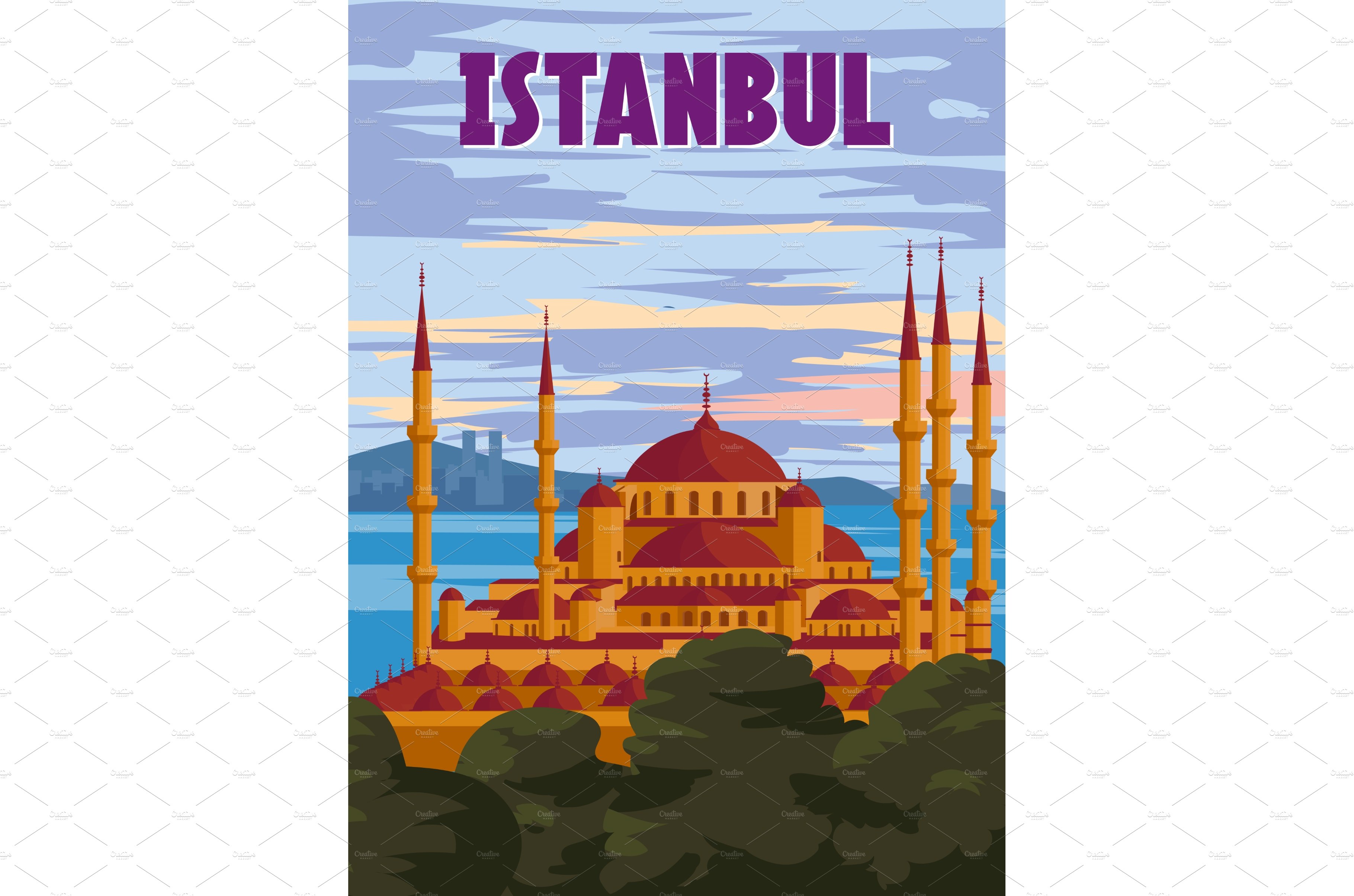 Istanbul retro poster, sunset city cover image.