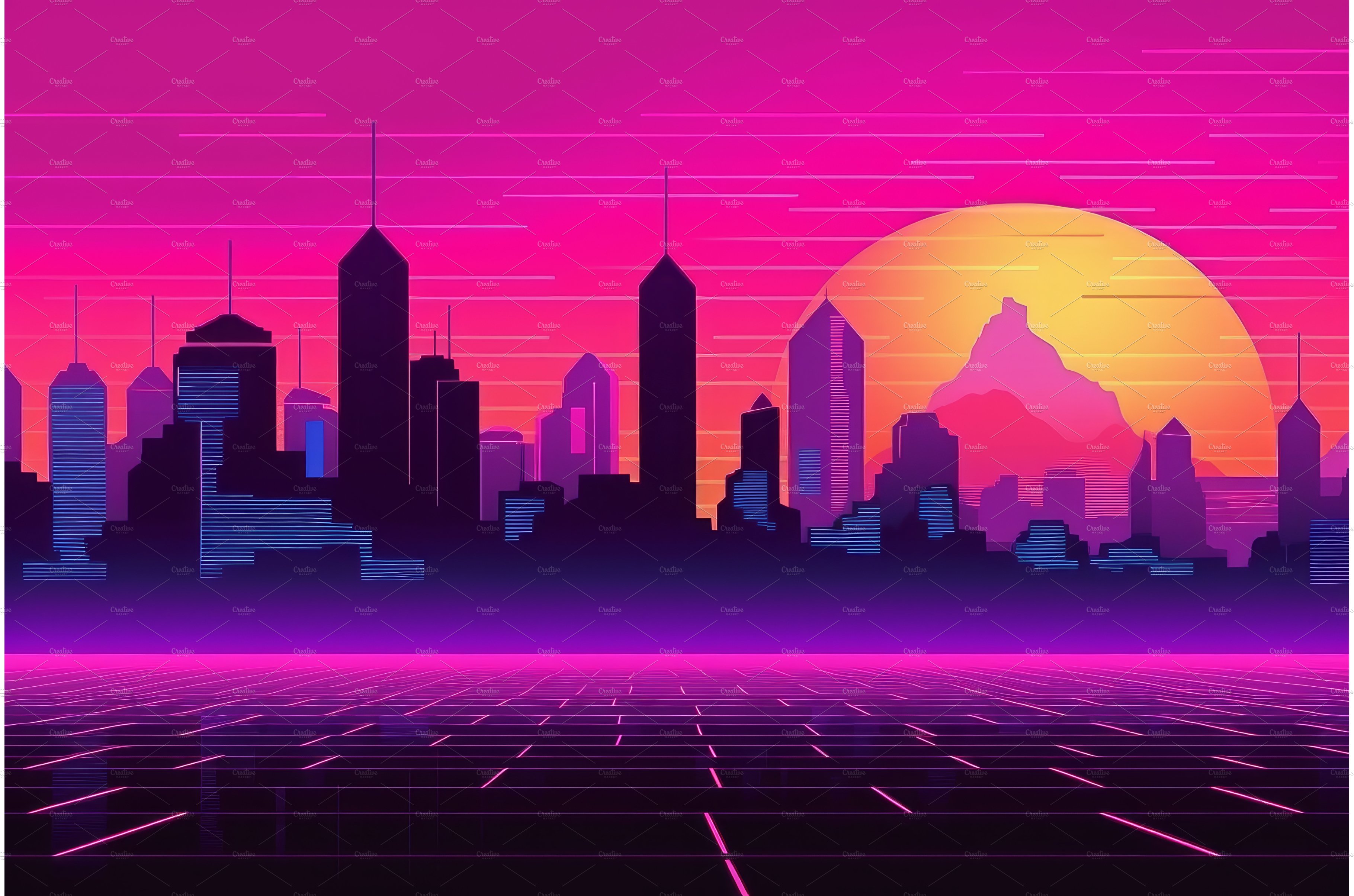 Big retro city sunset. Generate Ai cover image.