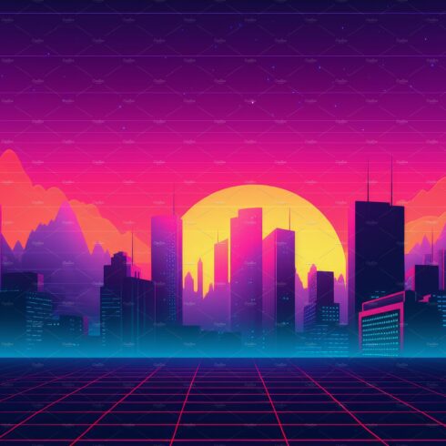 Retro grid city sunset. Generate Ai cover image.