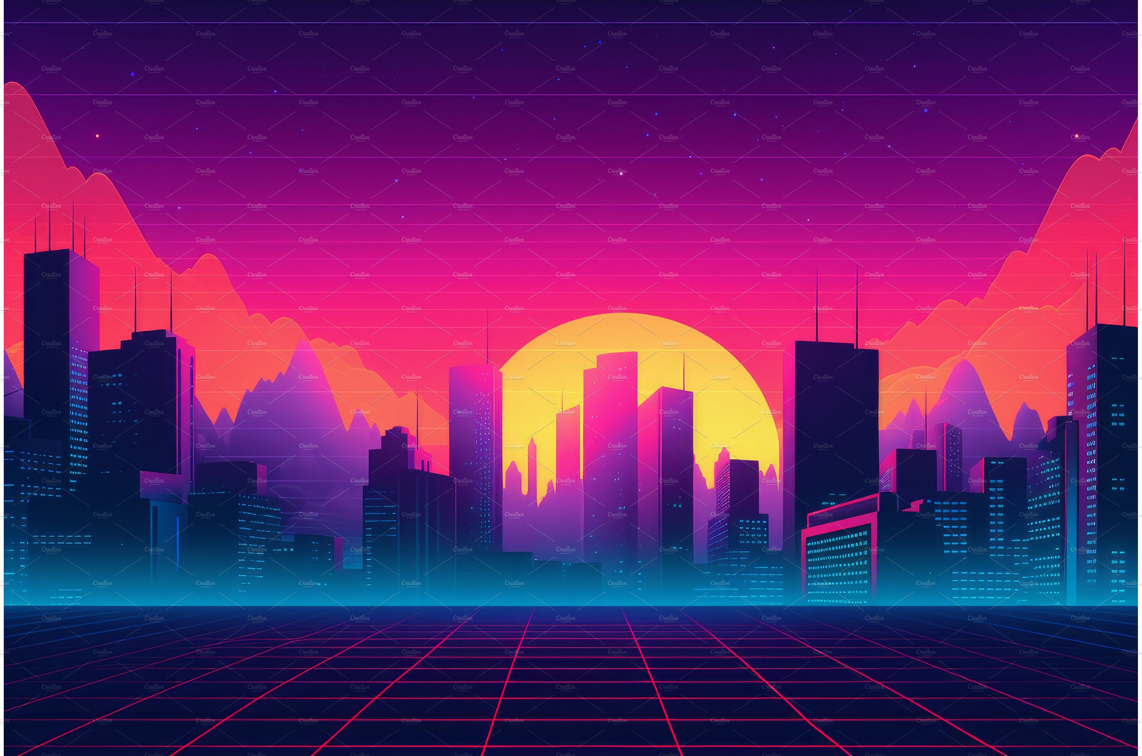 Retro grid city sunset. Generate Ai cover image.