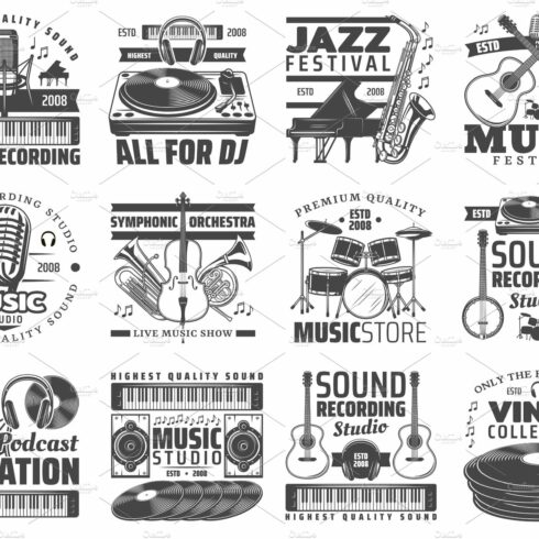Music store, sound studio icons cover image.