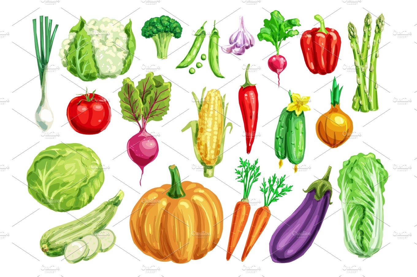 Vegetable watercolor set for healthy food design cover image.