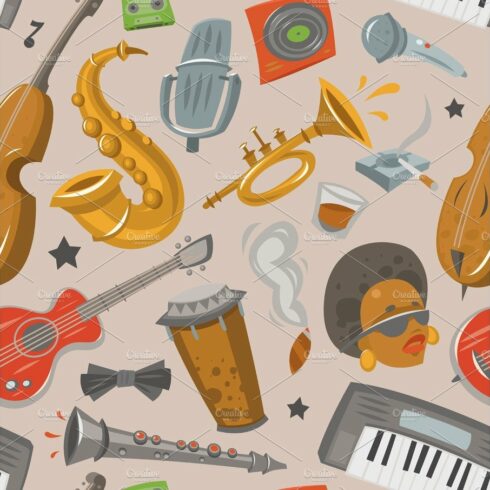 Jazz musical instruments tools jazzband music seamless pattern background v... cover image.