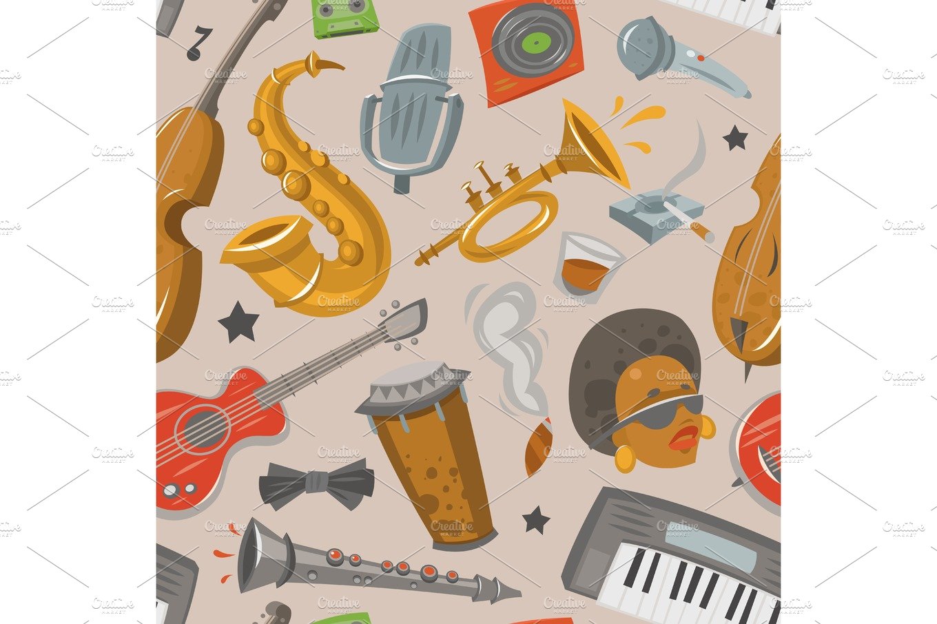 Jazz musical instruments tools jazzband music seamless pattern background v... cover image.