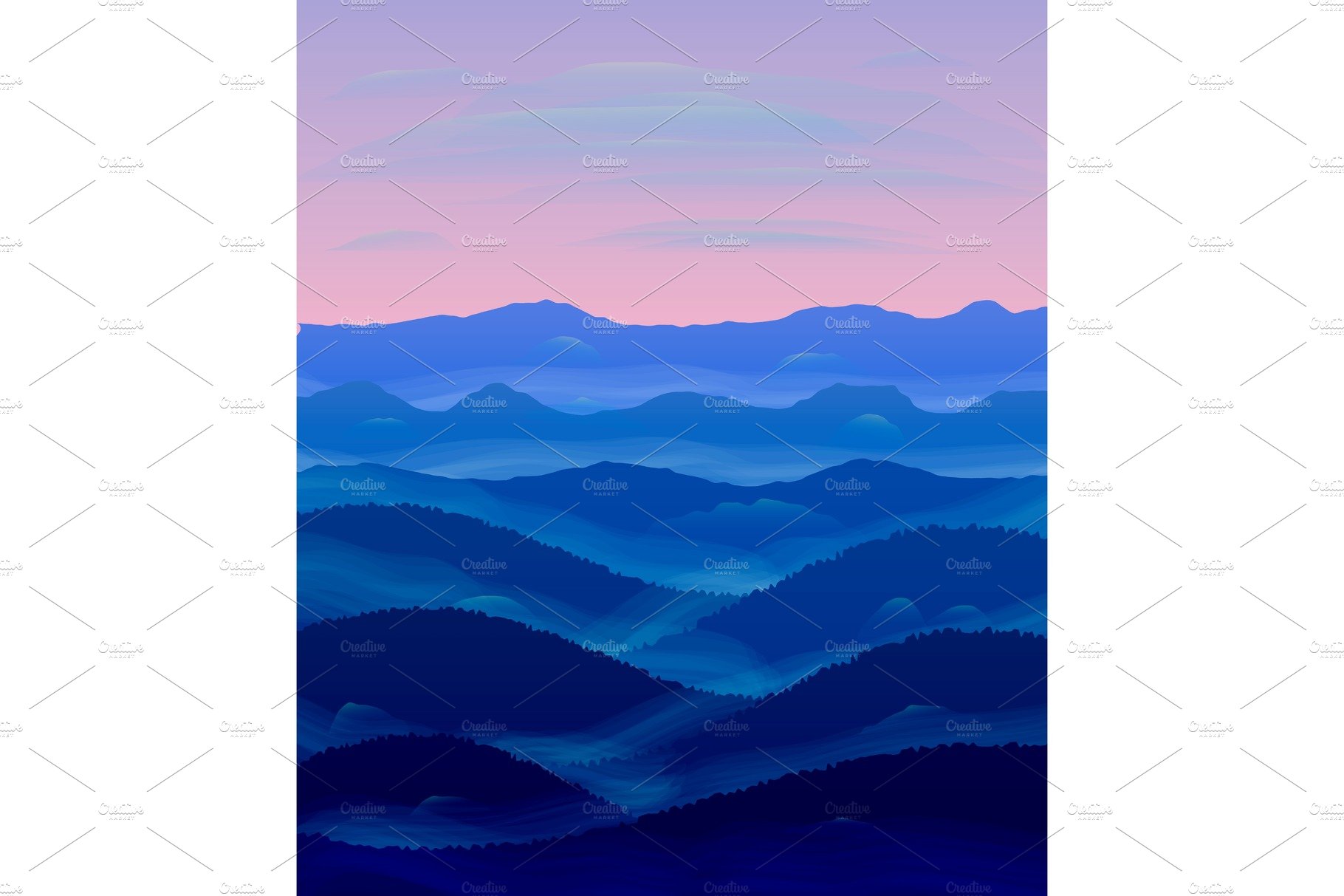 Panorama of hills. Sunset. Mist. cover image.