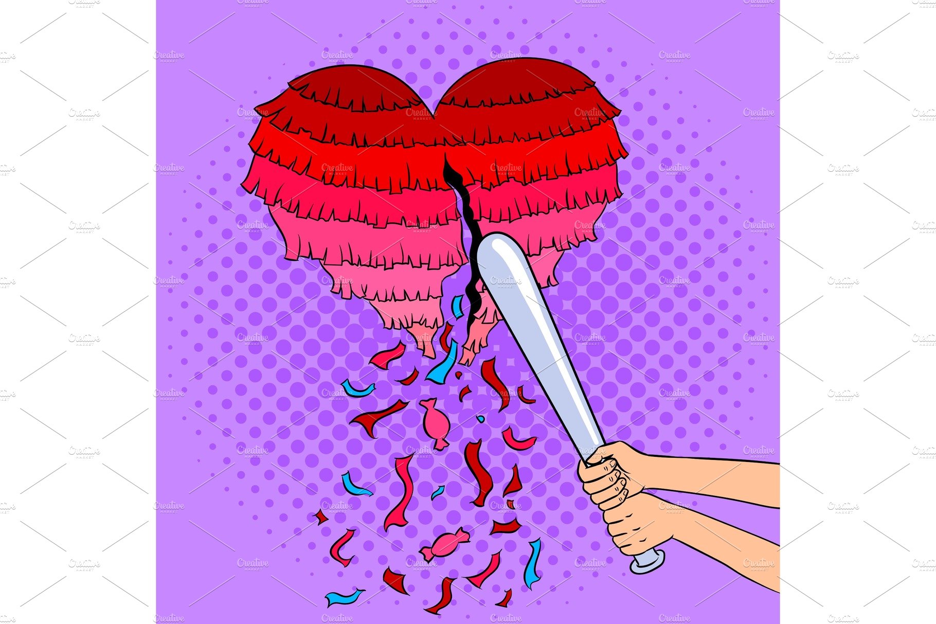 Pinata heart metaphor pop art vector illustration cover image.