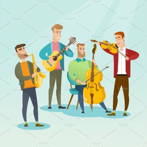 Band of musicians playing musical instruments. cover image.
