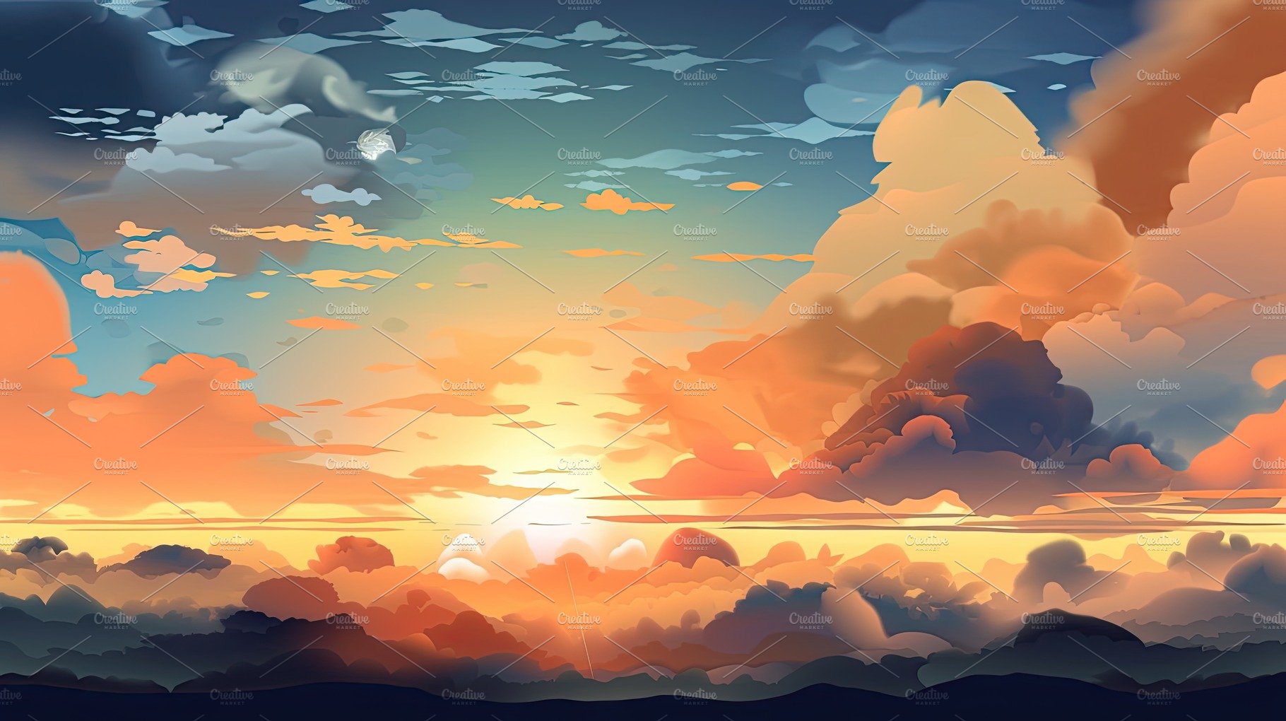 Illustrated sky with clouds, sun, stars, and sunrise or sunset. cover image.