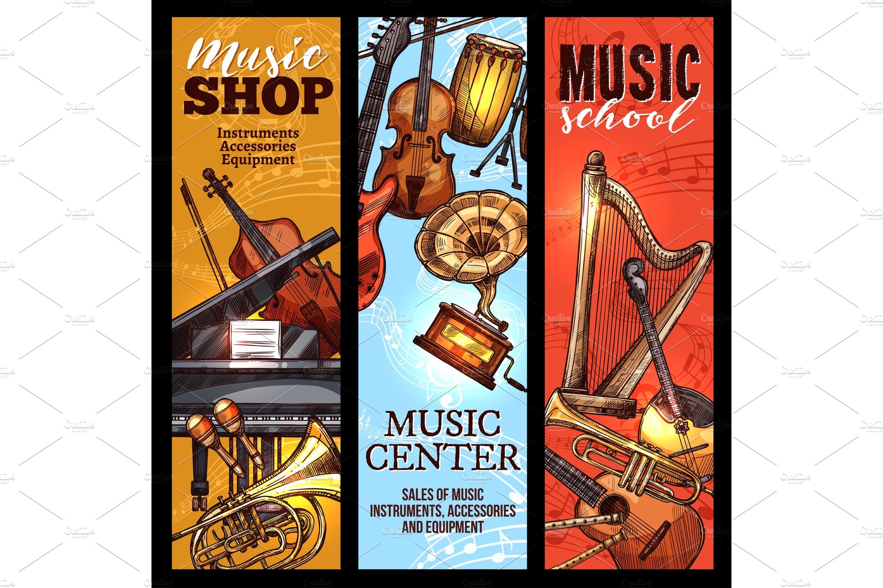 Musical instrument banner of classical, folk music cover image.