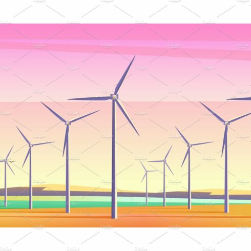 Windmills field with pink sunset sky cover image.