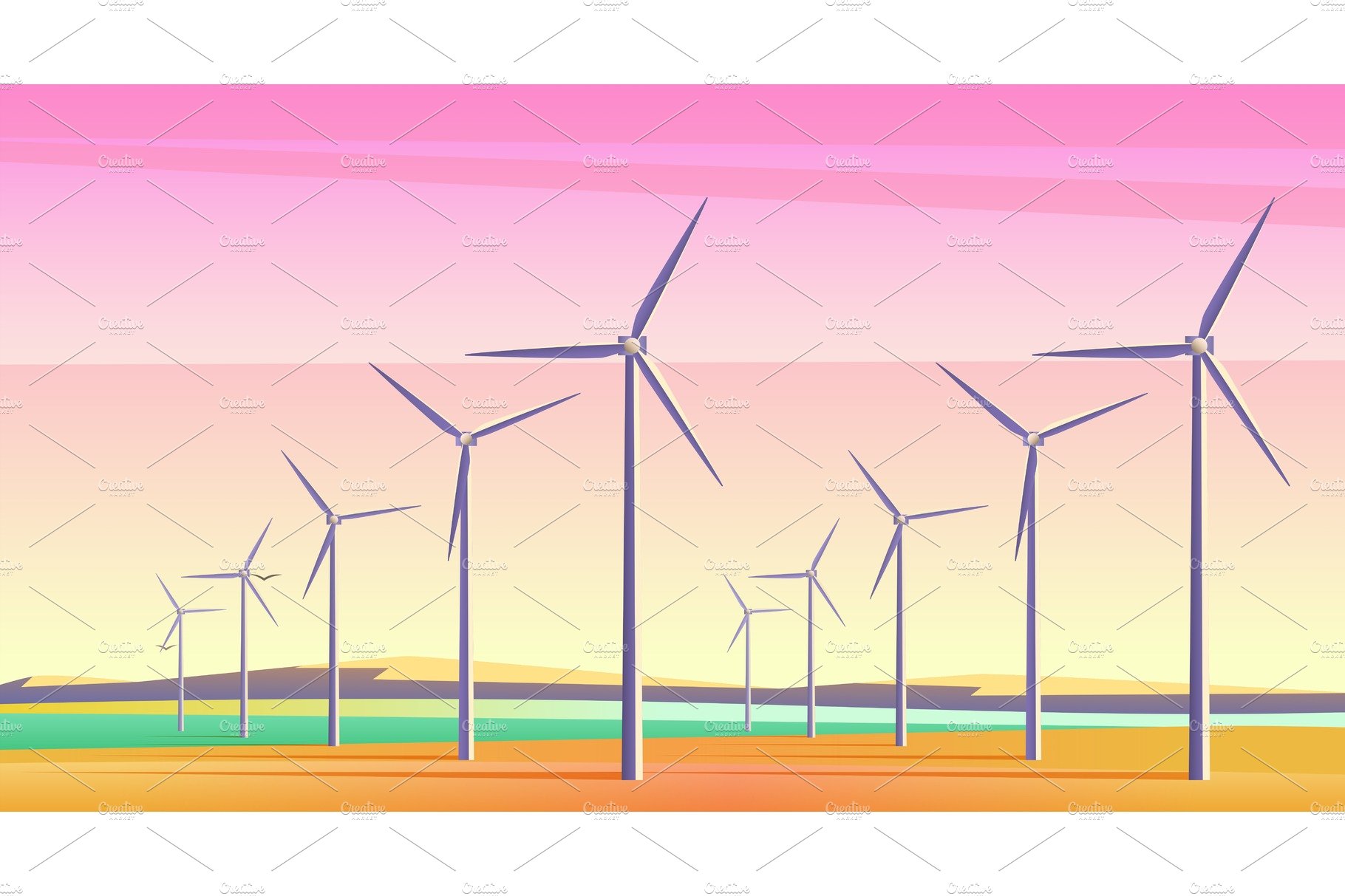 Windmills field with pink sunset sky cover image.